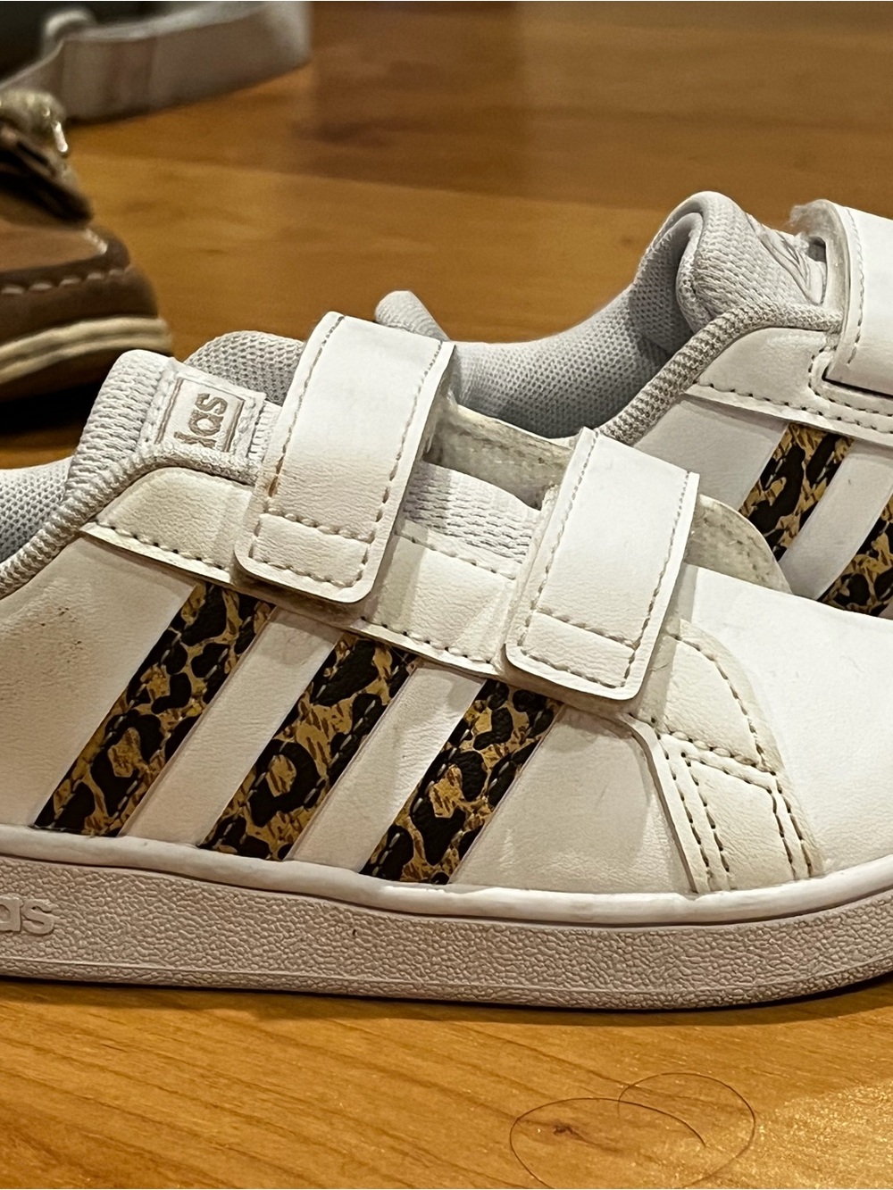 adidas Kids White Sneakers with Leopard-Print Stripes